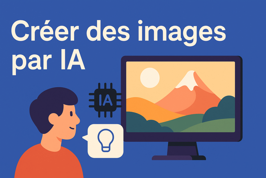 Illustration d’un utilisateur générant une image via intelligence artificielle, avec une puce IA et un paysage affiché à l’écran.
