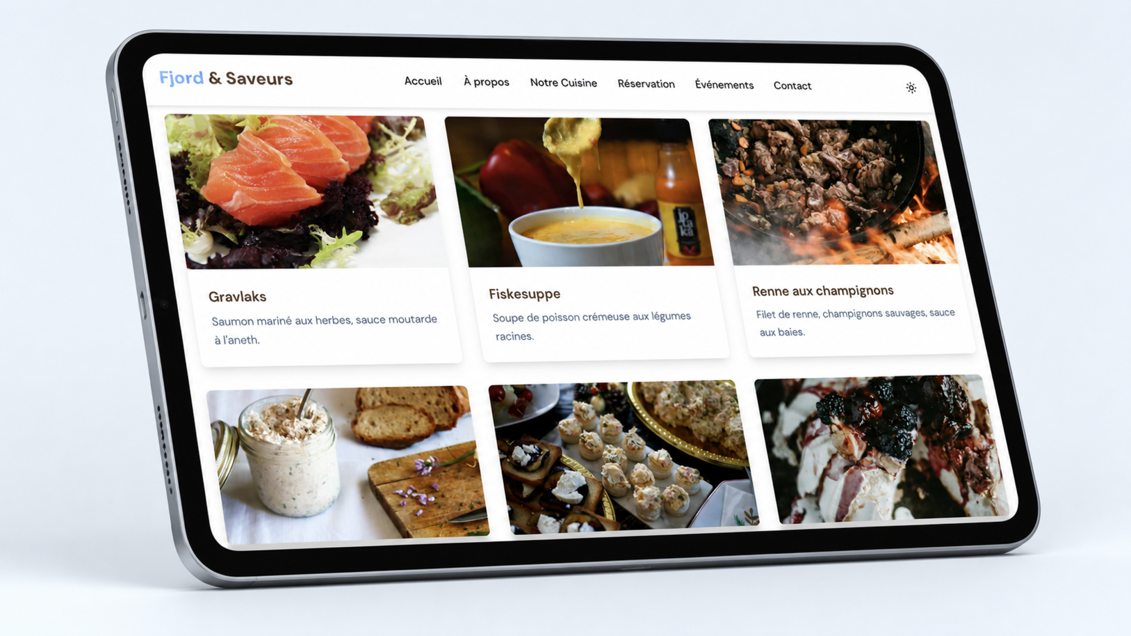Aperçu sur tablette du site Fjord et Saveurs présentant une sélection de plats scandinaves